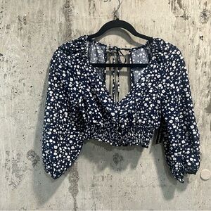 SHEIN Dark Blue Floral Puff Sleeve Blouse